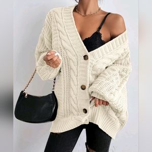New Boho Chunky Cable Knit Cardigan Sweater Cream Ivory Beige